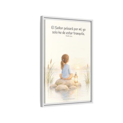 Jehová peleará por mí — Lienzo Cristiano Enmarcado | Éxodo 14:14 — 16×24 pulgadas, marco blanco, vista lateral del marco flotante