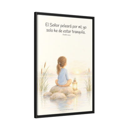 Jehová peleará por mí — Lienzo Cristiano Enmarcado | Éxodo 14:14 — 24×36 pulgadas, marco negro, vista lateral del marco flotante