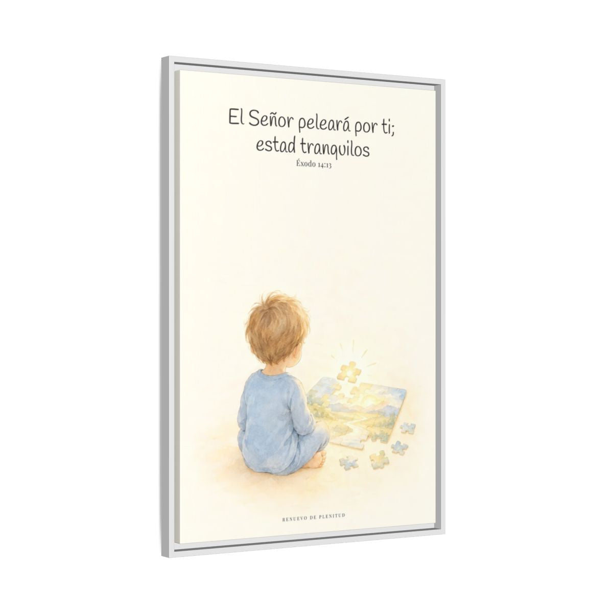 Jehová peleará por ti — Lienzo Cristiano Enmarcado | Éxodo 14:13 — 24×36 pulgadas, marco blanco, vista lateral del marco flotante