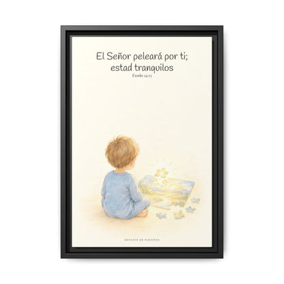 Jehová peleará por ti — Lienzo Cristiano Enmarcado | Éxodo 14:13 — 12×18 pulgadas, marco negro, vista frontal