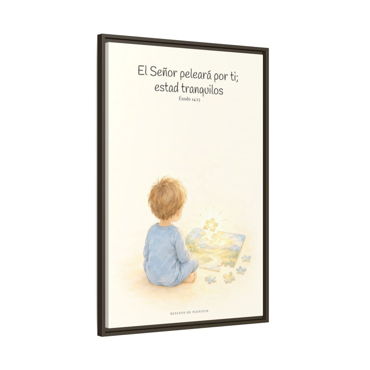 Jehová peleará por ti — Lienzo Cristiano Enmarcado | Éxodo 14:13 — 24×36 pulgadas, marco espresso, vista lateral del marco flotante