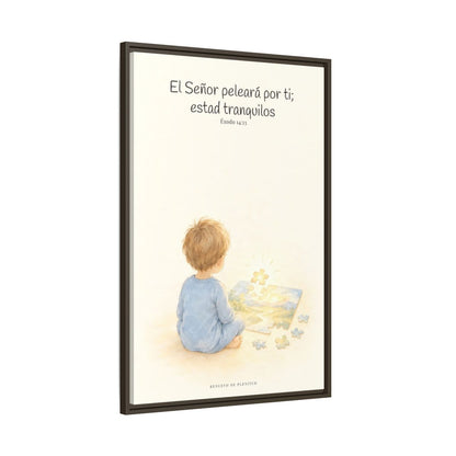 Jehová peleará por ti — Lienzo Cristiano Enmarcado | Éxodo 14:13 — 24×36 pulgadas, marco espresso, vista lateral del marco flotante