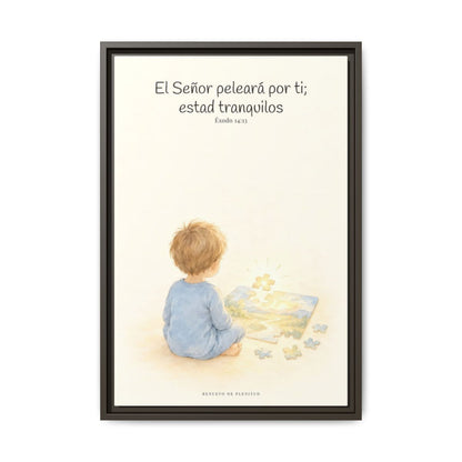 Jehová peleará por ti — Lienzo Cristiano Enmarcado | Éxodo 14:13 — 16×24 pulgadas, marco espresso, vista frontal