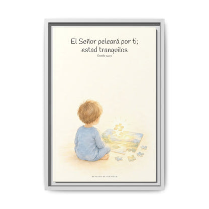 Jehová peleará por ti — Lienzo Cristiano Enmarcado | Éxodo 14:13 — 12×18 pulgadas, marco blanco, vista frontal