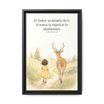 Jehová va delante de ti — Lienzo Cristiano Enmarcado | Deuteronomio 31:8 — 12×18 pulgadas, marco negro, vista frontal