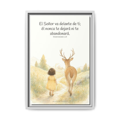 Jehová va delante de ti — Lienzo Cristiano Enmarcado | Deuteronomio 31:8 — 12×18 pulgadas, marco blanco, vista frontal