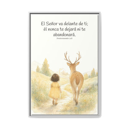 Jehová va delante de ti — Lienzo Cristiano Enmarcado | Deuteronomio 31:8 — 24×36 pulgadas, marco blanco, vista frontal