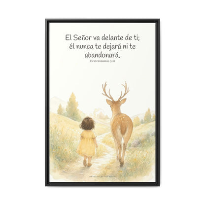 Jehová va delante de ti — Lienzo Cristiano Enmarcado | Deuteronomio 31:8 — 24×36 pulgadas, marco negro, vista frontal