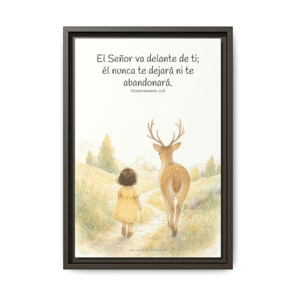Jehová va delante de ti — Lienzo Cristiano Enmarcado | Deuteronomio 31:8 — 12×18 pulgadas, marco espresso, vista frontal