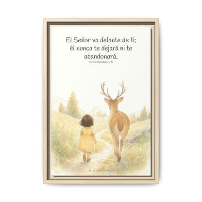 Jehová va delante de ti — Lienzo Cristiano Enmarcado | Deuteronomio 31:8 — 12×18 pulgadas, marco natural, vista frontal