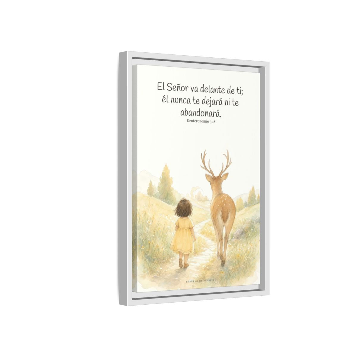 Jehová va delante de ti — Lienzo Cristiano Enmarcado | Deuteronomio 31:8 — 12×18 pulgadas, marco blanco, vista lateral del marco flotante