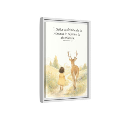 Jehová va delante de ti — Lienzo Cristiano Enmarcado | Deuteronomio 31:8 — 12×18 pulgadas, marco blanco, vista lateral del marco flotante