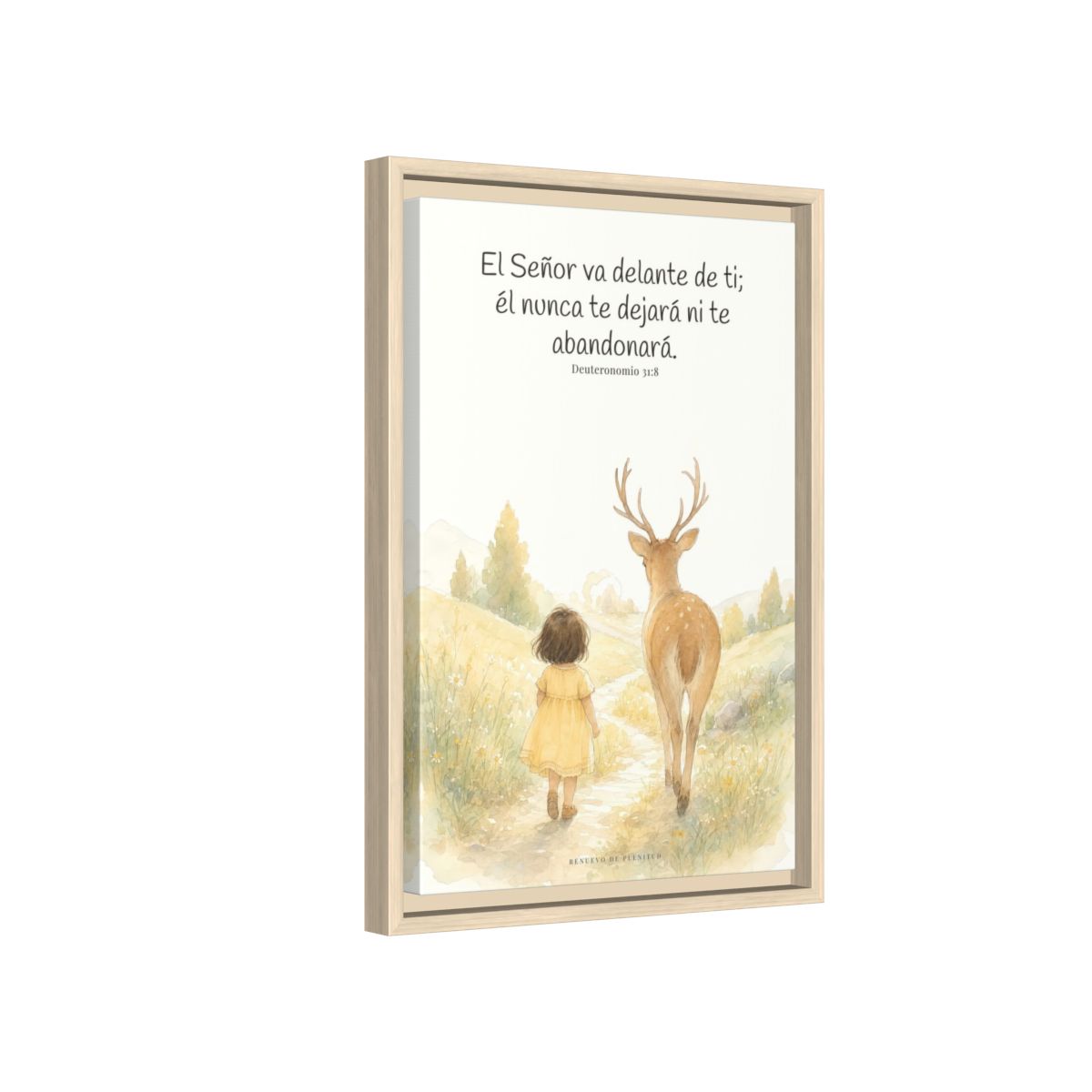 Jehová va delante de ti — Lienzo Cristiano Enmarcado | Deuteronomio 31:8 — 12×18 pulgadas, marco natural, vista lateral del marco flotante