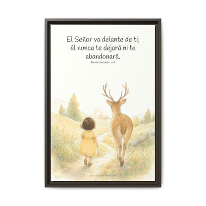 Jehová va delante de ti — Lienzo Cristiano Enmarcado | Deuteronomio 31:8 — 16×24 pulgadas, marco espresso, vista frontal