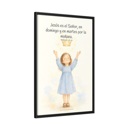 Jesús es el Señor — Lienzo Cristiano Enmarcado | Filipenses 2:10-11 — 24×36 pulgadas, marco negro, vista lateral del marco flotante