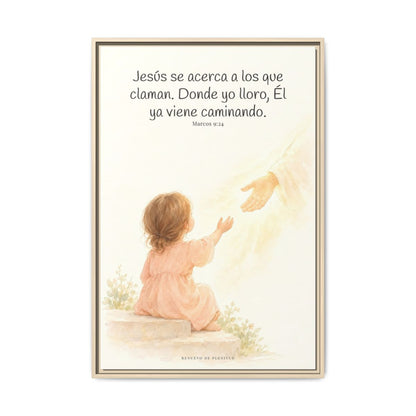Jesús se acerca a los que claman — Lienzo Cristiano Enmarcado | Marcos 9:24 — 24×36 pulgadas, marco natural, vista frontal