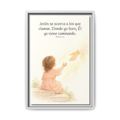 Jesús se acerca a los que claman — Lienzo Cristiano Enmarcado | Marcos 9:24 — 12×18 pulgadas, marco blanco, vista frontal