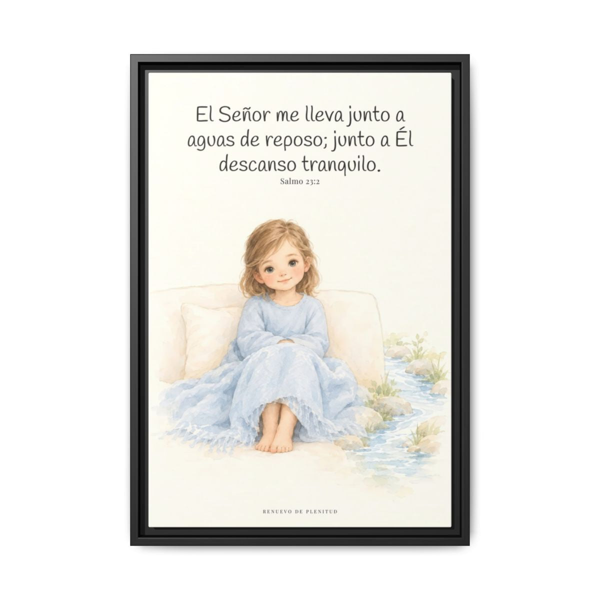 Junto a aguas de reposo me pastorea — Lienzo Cristiano Enmarcado | Salmo 23:2 — 16×24 pulgadas, marco negro, vista frontal