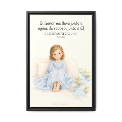 Junto a aguas de reposo me pastorea — Lienzo Cristiano Enmarcado | Salmo 23:2 — 16×24 pulgadas, marco negro, vista frontal