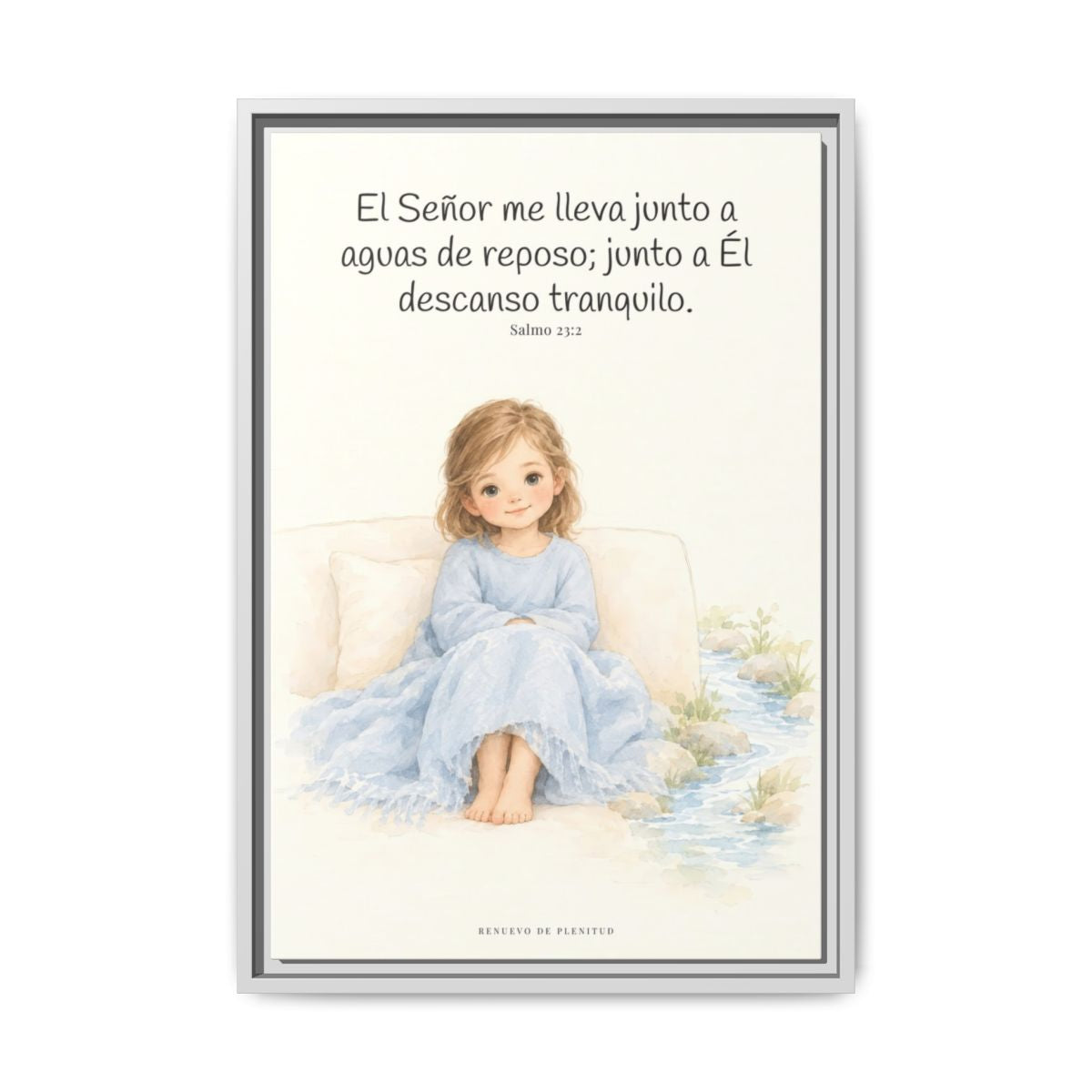 Junto a aguas de reposo me pastorea — Lienzo Cristiano Enmarcado | Salmo 23:2 — 16×24 pulgadas, marco blanco, vista frontal