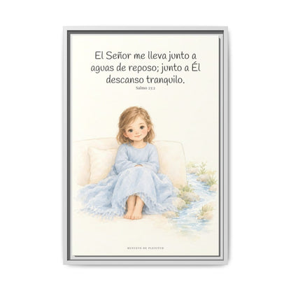 Junto a aguas de reposo me pastorea — Lienzo Cristiano Enmarcado | Salmo 23:2 — 16×24 pulgadas, marco blanco, vista frontal