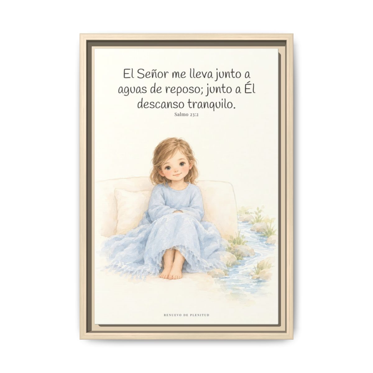 Junto a aguas de reposo me pastorea — Lienzo Cristiano Enmarcado | Salmo 23:2 — 12×18 pulgadas, marco natural, vista frontal