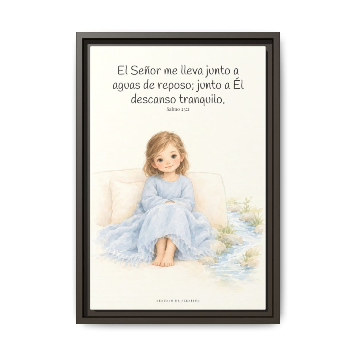 Junto a aguas de reposo me pastorea — Lienzo Cristiano Enmarcado | Salmo 23:2 — 12×18 pulgadas, marco espresso, vista frontal