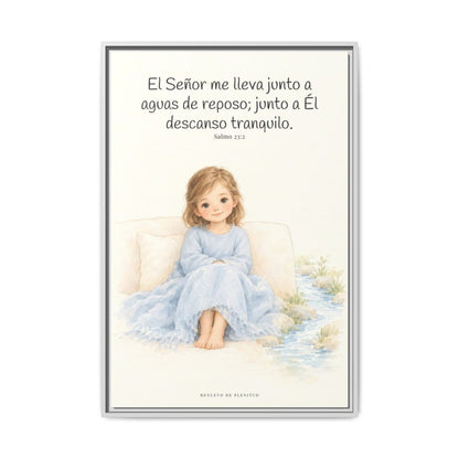 Junto a aguas de reposo me pastorea — Lienzo Cristiano Enmarcado | Salmo 23:2 — 24×36 pulgadas, marco blanco, vista frontal