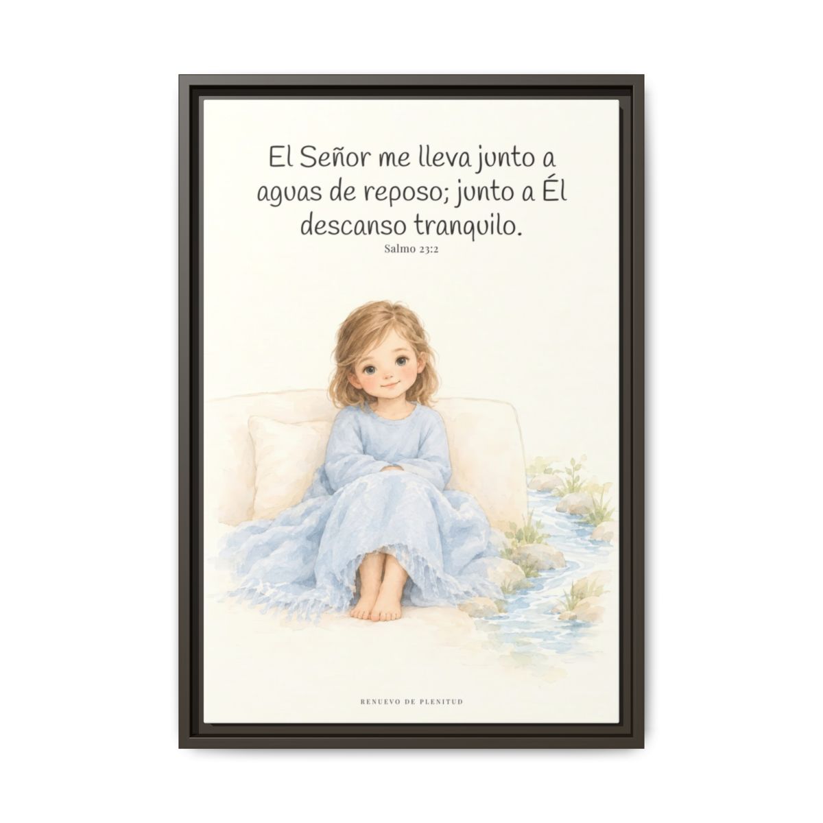 Junto a aguas de reposo me pastorea — Lienzo Cristiano Enmarcado | Salmo 23:2 — 16×24 pulgadas, marco espresso, vista frontal
