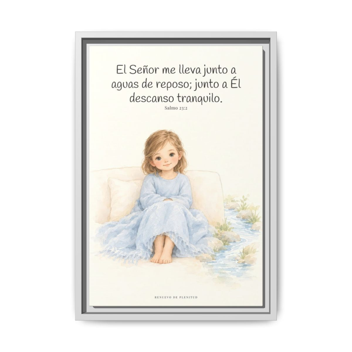 Junto a aguas de reposo me pastorea — Lienzo Cristiano Enmarcado | Salmo 23:2 — 12×18 pulgadas, marco blanco, vista frontal
