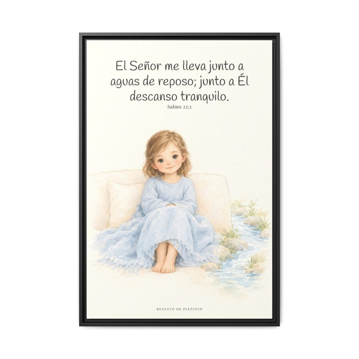 Junto a aguas de reposo me pastorea — Lienzo Cristiano Enmarcado | Salmo 23:2 — 24×36 pulgadas, marco negro, vista frontal