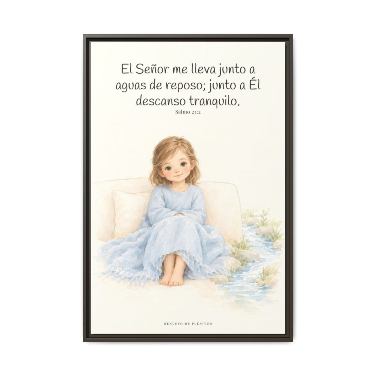 Junto a aguas de reposo me pastorea — Lienzo Cristiano Enmarcado | Salmo 23:2 — 24×36 pulgadas, marco espresso, vista frontal