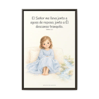 Junto a aguas de reposo me pastorea — Lienzo Cristiano Enmarcado | Salmo 23:2 — 24×36 pulgadas, marco espresso, vista frontal