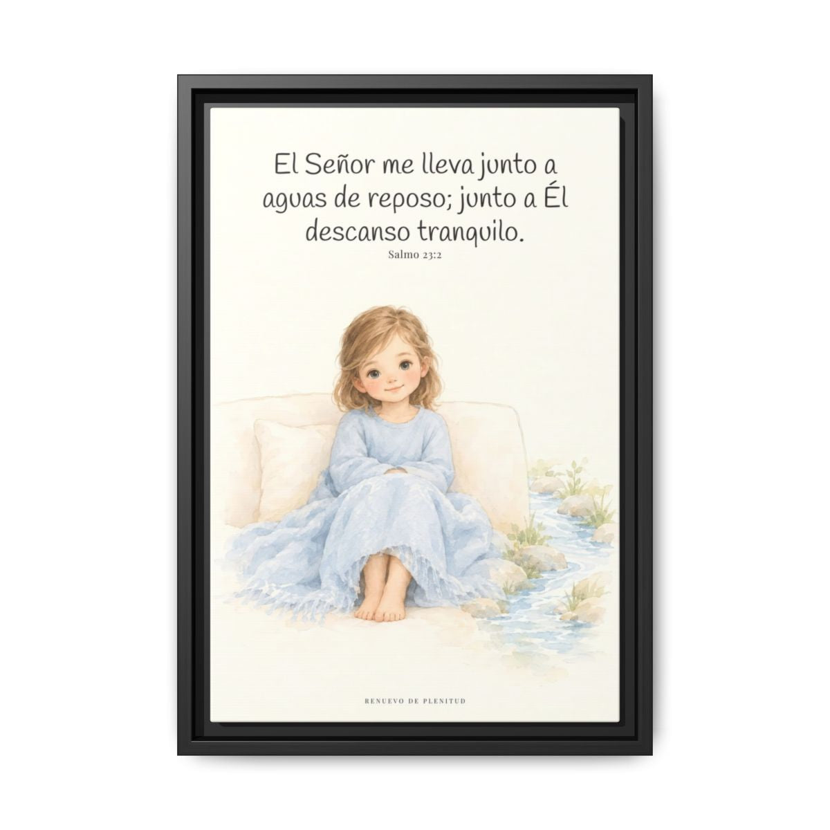 Junto a aguas de reposo me pastorea — Lienzo Cristiano Enmarcado | Salmo 23:2 — 12×18 pulgadas, marco negro, vista frontal