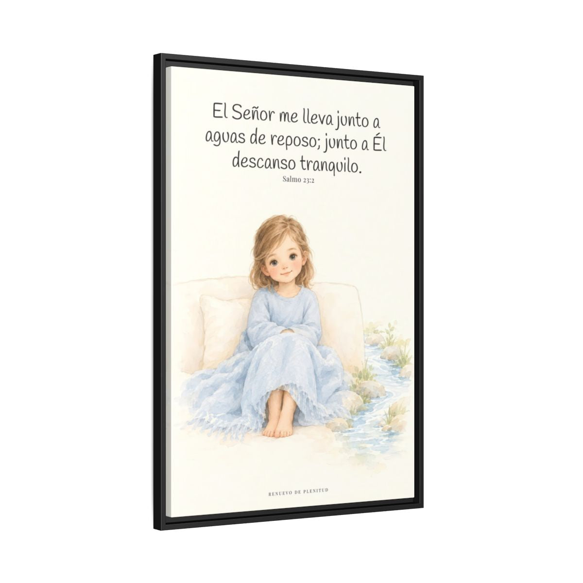 Junto a aguas de reposo me pastorea — Lienzo Cristiano Enmarcado | Salmo 23:2 — 24×36 pulgadas, marco negro, vista lateral del marco flotante