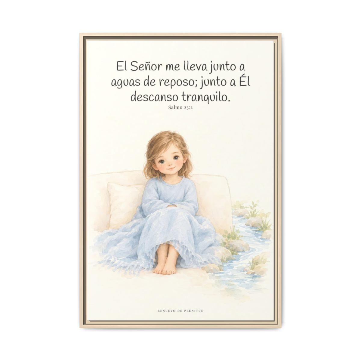 Junto a aguas de reposo me pastorea — Lienzo Cristiano Enmarcado | Salmo 23:2 — 24×36 pulgadas, marco natural, vista frontal