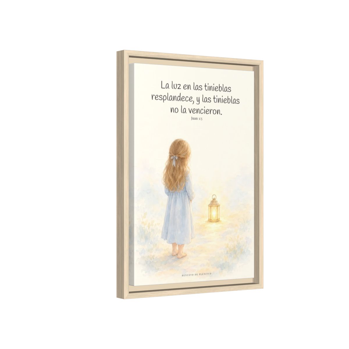 La luz de Dios brilla en mis tinieblas — Lienzo Cristiano Enmarcado | Juan 1:5 — 12×18 pulgadas, marco natural, vista lateral del marco flotante