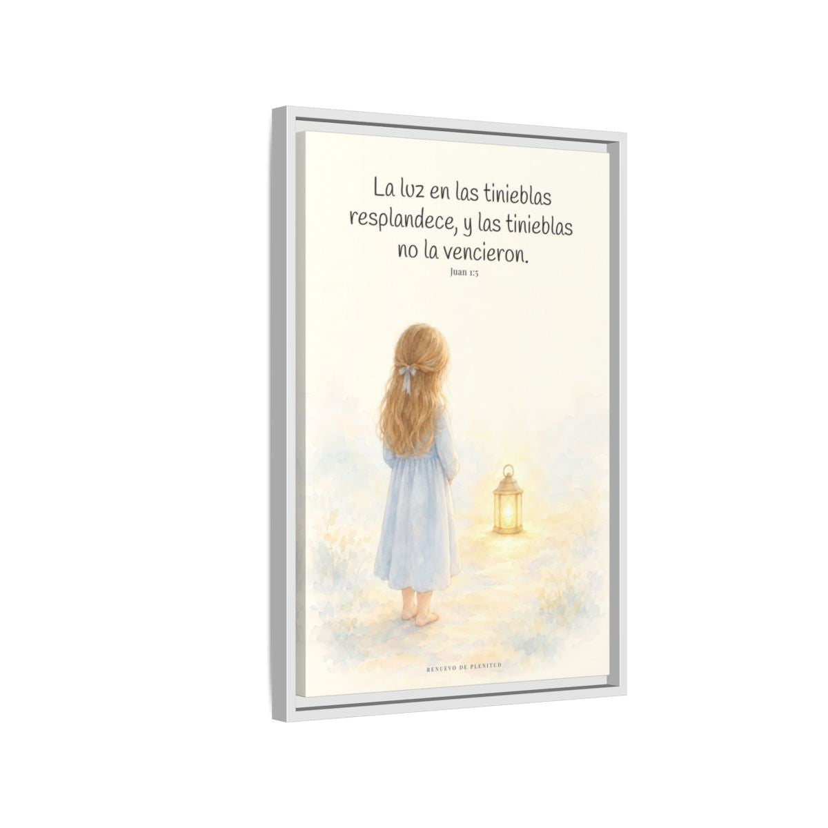 La luz de Dios brilla en mis tinieblas — Lienzo Cristiano Enmarcado | Juan 1:5 — 16×24 pulgadas, marco blanco, vista lateral del marco flotante