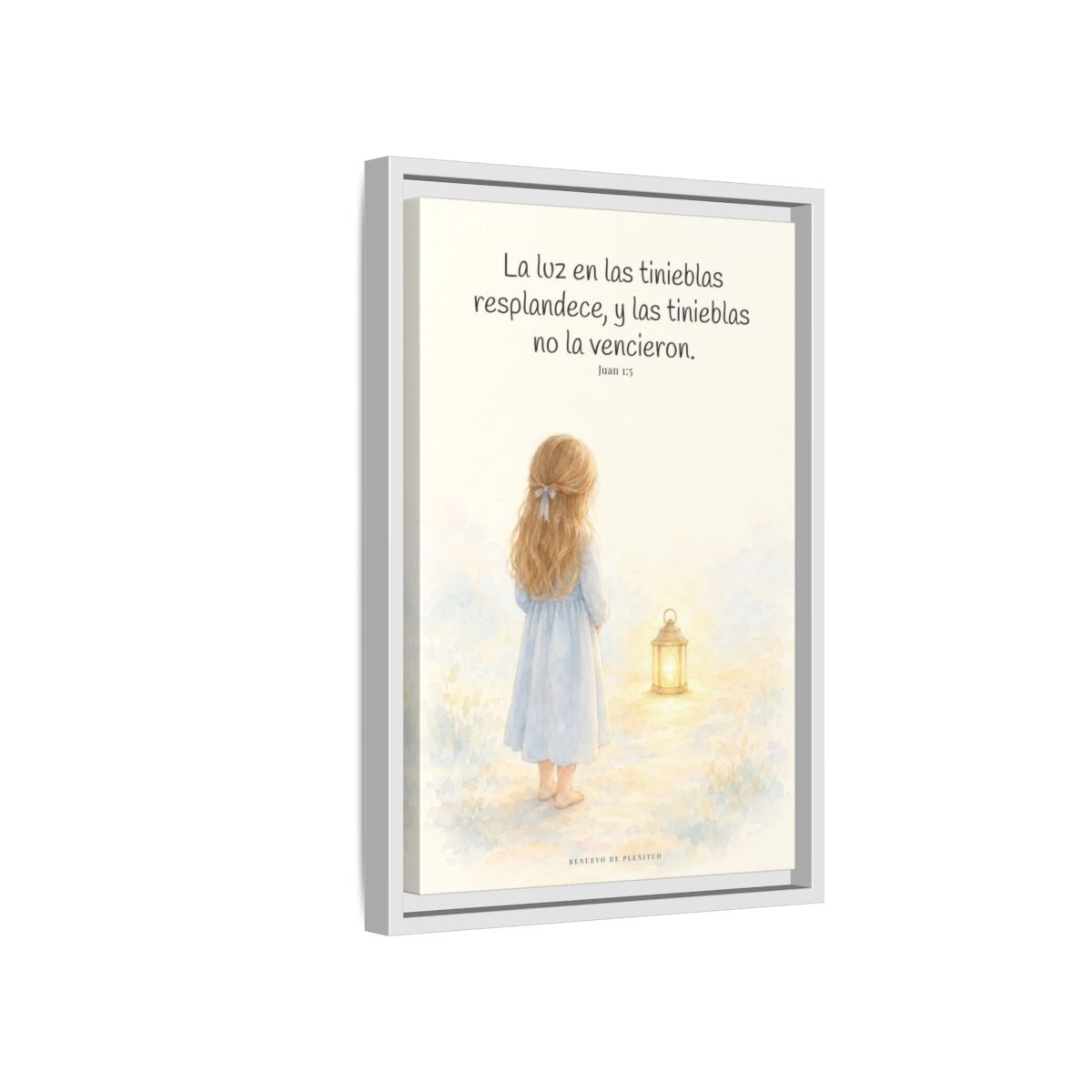 La luz de Dios brilla en mis tinieblas — Lienzo Cristiano Enmarcado | Juan 1:5 — 12×18 pulgadas, marco blanco, vista lateral del marco flotante