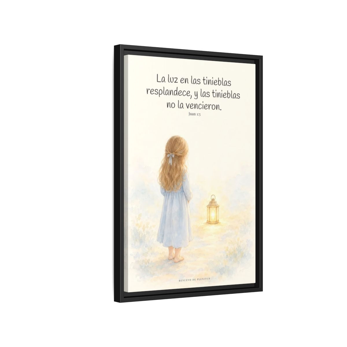 La luz de Dios brilla en mis tinieblas — Lienzo Cristiano Enmarcado | Juan 1:5 — 16×24 pulgadas, marco negro, vista lateral del marco flotante
