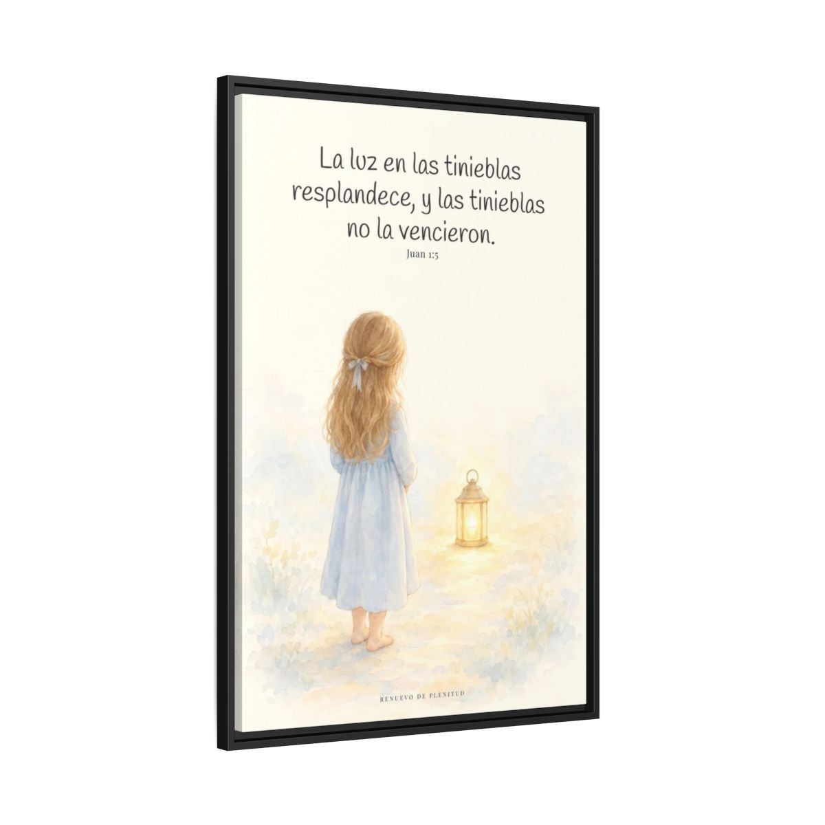 La luz de Dios brilla en mis tinieblas — Lienzo Cristiano Enmarcado | Juan 1:5 — 24×36 pulgadas, marco negro, vista lateral del marco flotante