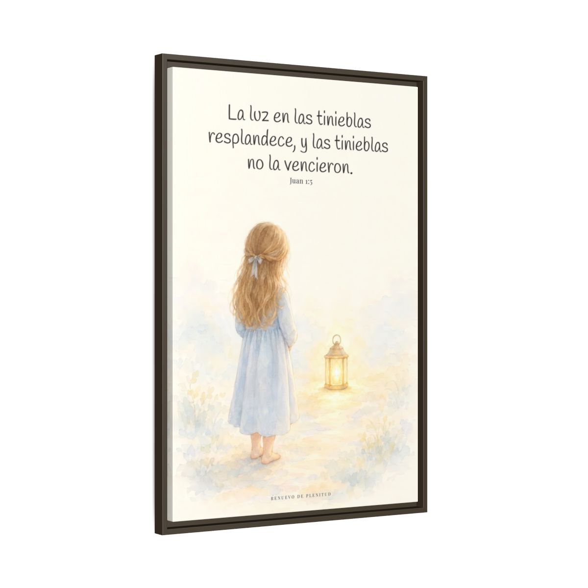 La luz de Dios brilla en mis tinieblas — Lienzo Cristiano Enmarcado | Juan 1:5 — 24×36 pulgadas, marco espresso, vista lateral del marco flotante