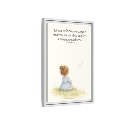 La prisa del corazón no agrada a Dios | Decoración cristiana enmarcada | Proverbios 14:29 — 12×18 pulgadas, marco blanco, vista lateral del marco flotante