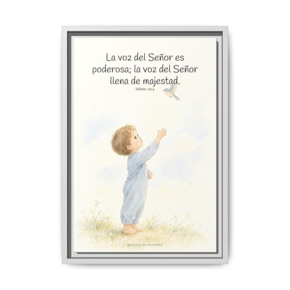 La voz de Jehová es poderosa y llena de majestad — Lienzo Cristiano Enmarcado | Salmo 29:4 — 12×18 pulgadas, marco blanco, vista frontal
