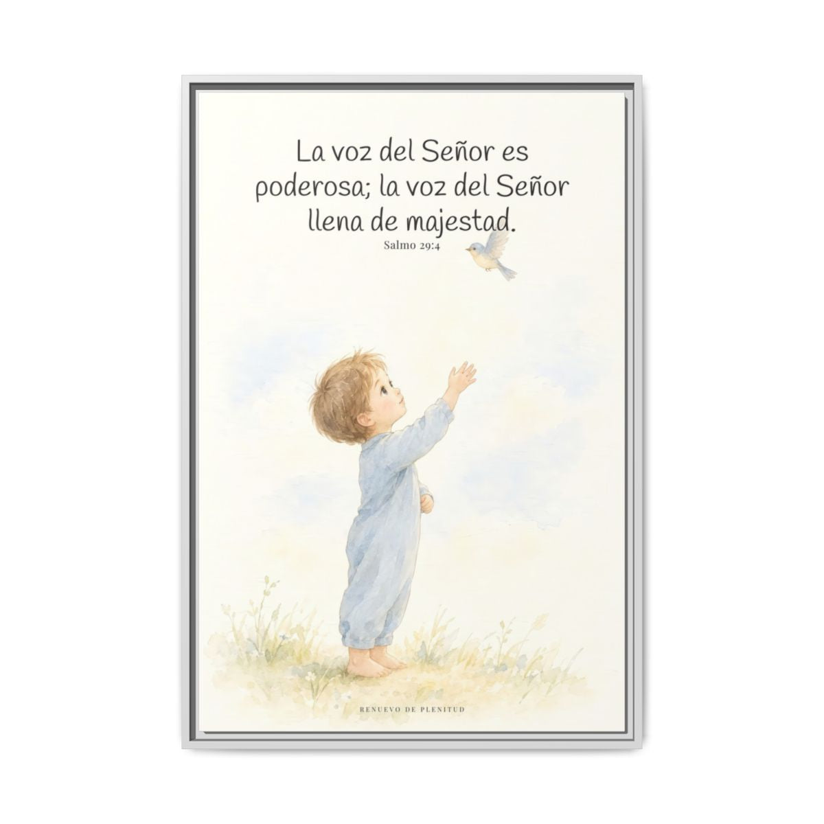 La voz de Jehová es poderosa y llena de majestad — Lienzo Cristiano Enmarcado | Salmo 29:4 — 24×36 pulgadas, marco blanco, vista frontal
