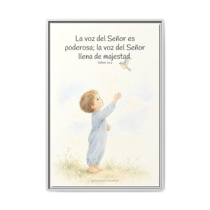 La voz de Jehová es poderosa y llena de majestad — Lienzo Cristiano Enmarcado | Salmo 29:4 — 24×36 pulgadas, marco blanco, vista frontal