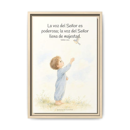La voz de Jehová es poderosa y llena de majestad — Lienzo Cristiano Enmarcado | Salmo 29:4 — 12×18 pulgadas, marco natural, vista frontal
