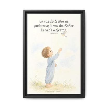 La voz de Jehová es poderosa y llena de majestad — Lienzo Cristiano Enmarcado | Salmo 29:4 — 12×18 pulgadas, marco negro, vista frontal