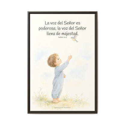 La voz de Jehová es poderosa y llena de majestad — Lienzo Cristiano Enmarcado | Salmo 29:4 — 24×36 pulgadas, marco espresso, vista frontal