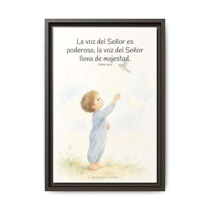 La voz de Jehová es poderosa y llena de majestad — Lienzo Cristiano Enmarcado | Salmo 29:4 — 12×18 pulgadas, marco espresso, vista frontal